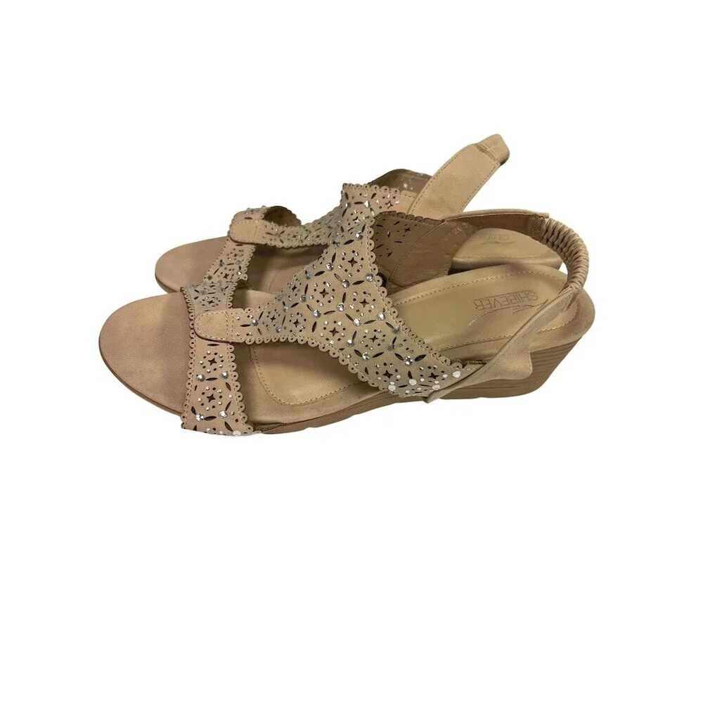 Shibever Wedge Sandals Womens Size 9 Beige Slingback Rhinestone Open Toe